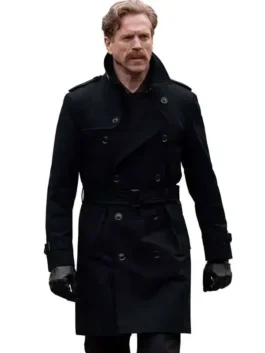 Front view of the black cotton coat from The Runner Damian Lewis Black Coat showcasing full length sleeves and crisp tailoring.