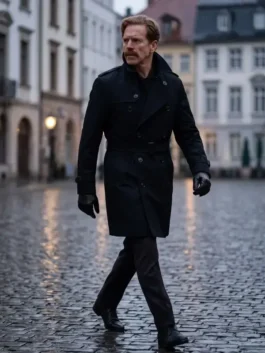 Full profile view of the black cotton The Runner Damian Lewis Black Coat displaying its long trench silhouette and belted front.