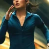 Blue polyester The Runner Gal Gadot Jacket featuring a sporty stand up collar and secure front zipper closure.
