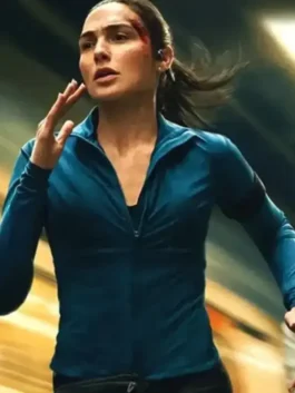Blue polyester The Runner Gal Gadot Jacket featuring a sporty stand up collar and secure front zipper closure.