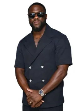 Front view of the navy blue suiting fabric The Tonight Show S13 Kevin Hart Blazer showcasing half length sleeves and tailored front buttoning.