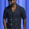 Close-up front profile of the navy blue suiting fabric The Tonight Show S13 Kevin Hart Blazer detailing the lapel collar and short sleeve design.