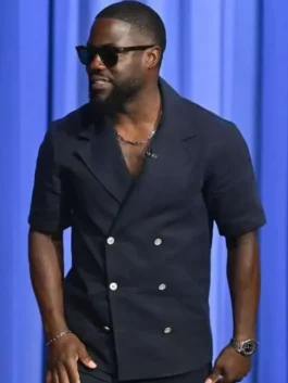 Close-up front profile of the navy blue suiting fabric The Tonight Show S13 Kevin Hart Blazer detailing the lapel collar and short sleeve design.