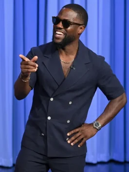 Full front view of the navy blue suiting fabric The Tonight Show S13 Kevin Hart Blazer highlighting clean seams and short sleeve cut.