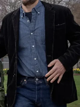 Black corduroy The Whisper Man Adam Scott Blazer showing the three outside pockets and two secure inside pockets.
