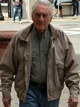 Front view of the Whisper Man Robert De Niro Cotton Jacket highlighting the secure zipper and button closure.