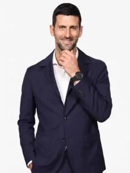 Full front profile of the navy blue blazer from The Wolf In Winter Novak Djokovic Navy Suit highlighting four functional storage pockets.