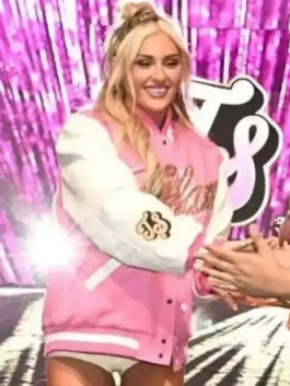 Pink and white Tiffy Fanatics Fest NYC 2026 Varsity Jacket showcasing the real leather sleeves and snug rib knitted cuffs.