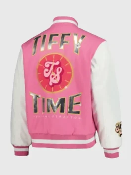 Back view of the pink and white Tiffy Fanatics Fest NYC 2026 Varsity Jacket showing clean wool paneling and contrast trim.
