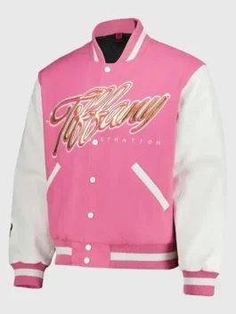 Front view of the pink wool and white leather Tiffy Fanatics Fest NYC 2026 Varsity Jacket with a rib knitted collar and snap button closure.