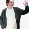 Full profile view of the grey wool Timothée Chalamet Dune 2026 Cardigan with its clean, sleek drape.