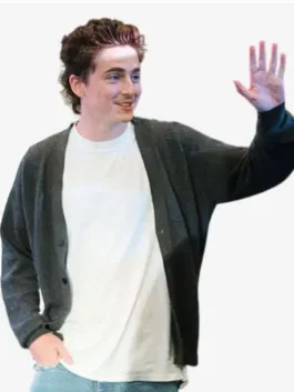Full profile view of the grey wool Timothée Chalamet Dune 2026 Cardigan with its clean, sleek drape.