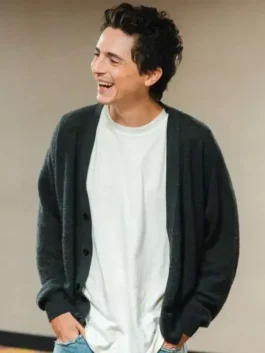 Front view of the grey Timothée Chalamet Dune 2026 Cardigan highlighting the front button fastening and full sleeves.