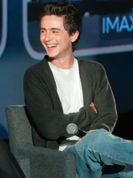 Close-up details of the grey wool Timothée Chalamet Dune 2026 Cardigan showing the front button design.