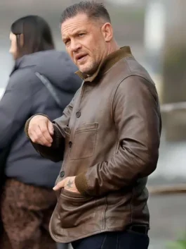 Brown real leather Mobland Tom Hardy Brown Leather Jacket highlighting six functional storage pockets.