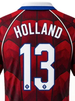 Back close up of the red Tom Holland Atletico SpiderMan Jersey highlighting the bold Atletico Madrid x Spider-Man design detail on this iconic piece