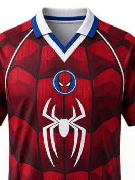 Close up view of the red Tom Holland Atletico SpiderMan Jersey showcasing the bold Atletico Madrid x Spider-Man design as worn by Tom Holland
