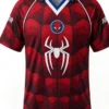 Front view of the red Tom Holland Atletico SpiderMan Jersey putting the full Atletico Madrid x Spider-Man design on bold display
