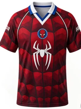 Front view of the red Tom Holland Atletico SpiderMan Jersey putting the full Atletico Madrid x Spider-Man design on bold display