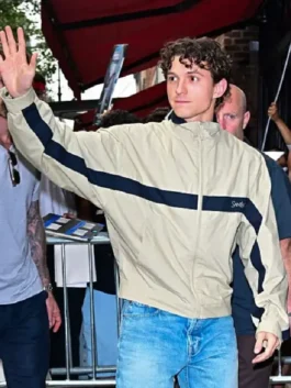 Tom Holland NYC Saint Laurent Jacket in premium beige cotton fabric with a stand up collar and front zipper.