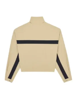 Back view of the beige cotton Tom Holland NYC Saint Laurent Jacket showing a clean tailored fit and drape.