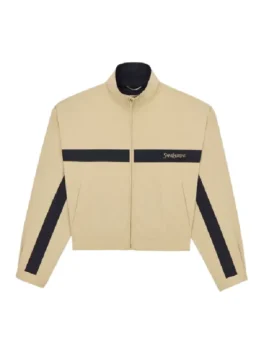 Front view of the Tom Holland NYC Saint Laurent Jacket in beige cotton highlighting the sleek zipper closure.