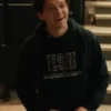 Tom Holland SpiderMan Brand New Day Hoodie in black fleece fabric with a hooded collar and pullover closure.
