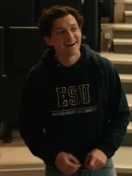 Tom Holland SpiderMan Brand New Day Hoodie in black fleece fabric with a hooded collar and pullover closure.
