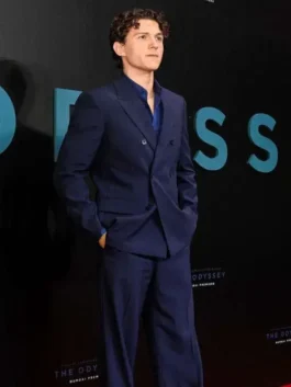 Full view of the Tom Holland The Odyssey Premiere Blazer in blue showing a polished tailored fit.
