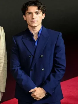 Tom Holland The Odyssey Premiere Blazer in premium blue suiting fabric with a lapel collar and buttons.