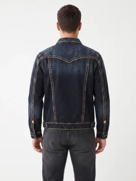 Front view of the True Religion Jimmy Super T Denim Jacket highlighting the robust contrast stitching details.
