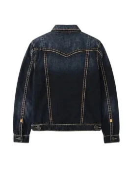 Back view of the True Religion Jimmy Super T Denim Jacket showing the horseshoe pocket stitching and clean drape.