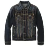 Close-up front view of the True Religion Jimmy Super T Denim Jacket showing the button cuffs and six pockets.