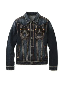 Close-up front view of the True Religion Jimmy Super T Denim Jacket showing the button cuffs and six pockets.