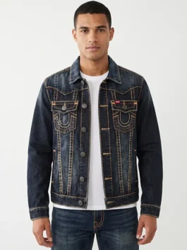 Blue and black denim True Religion Jimmy Super T Denim Jacket featuring a classic shirt style collar and button front.