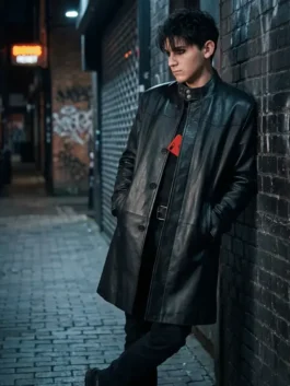 Close-up front view of the Trying S05 Tyler Black Leather Coat detailing the snap-tab collar and fine leather texture.