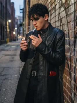 Front profile of the black real leather Trying S05 Tyler Black Leather Coat highlighting full-length sleeves and crisp tailoring.
