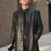 Front view of the black real leather Trying S05 Tyler Black Leather Coat featuring a snap tab erect collar and button closure.