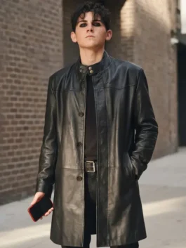 Front view of the black real leather Trying S05 Tyler Black Leather Coat featuring a snap tab erect collar and button closure.