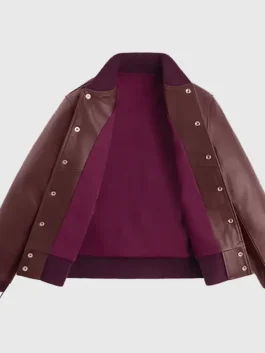 Premium burgundy real leather US Open Coco Gauff NB Jacket showing comfortable rib knitted cuffs.