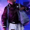 Burgundy real leather US Open Coco Gauff New Balance Jacket featuring a rib knitted collar and snap buttons.