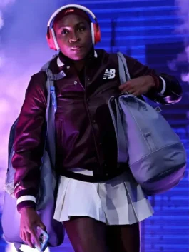 Burgundy real leather US Open Coco Gauff New Balance Jacket featuring a rib knitted collar and snap buttons.
