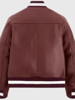 Back view of the burgundy real leather US Open Coco Gauff New Balance Jacket showing premium stitching.