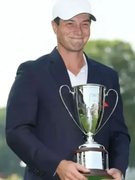 Model view of the navy blue Viktor Hovland 2026 Navy Blue Blazer showcasing the full tailored fit of this iconic Viktor Hovland inspired piece