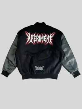 Black wool body with leather sleeves WWE x Ken Carson Varsity Jacket featuring a rib knitted collar and button closure.