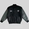 Front view of the black wool body with leather sleeves WWE x Ken Carson Varsity Jacket detailing the rib knitted collar and button closure.