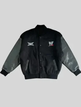 Front view of the black wool body with leather sleeves WWE x Ken Carson Varsity Jacket detailing the rib knitted collar and button closure.