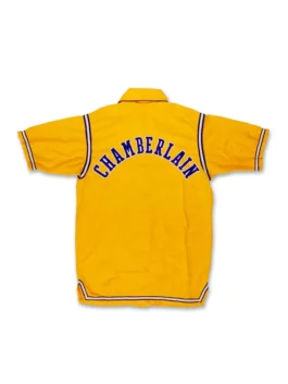 Back view of the yellow Wilt Chamberlain Lakers Warm-Up Jacket revealing the full 1972 NBA Finals design of this legendary Lakers piece