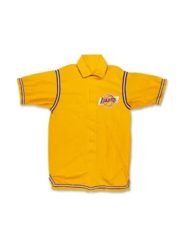 Front view of the yellow Wilt Chamberlain Lakers Warm-Up Jacket putting the full 1972 NBA Finals Lakers legacy on bold display