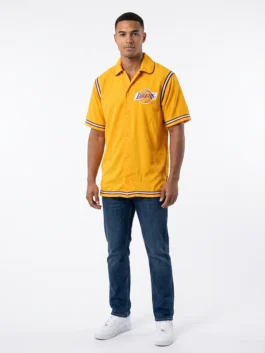 Model view of the yellow Wilt Chamberlain Lakers Warm-Up Jacket showcasing the full fit of this iconic 1972 NBA Finals Lakers piece